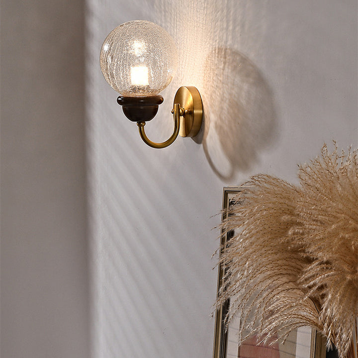 Contemporary Retro Curved Pole Orb Full Brass Wood Frame Glass Shade 1-Light Wall Sconce Lamp For Living Room