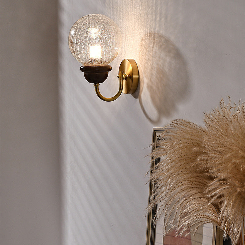Contemporary Retro Curved Pole Orb Full Brass Wood Frame Glass Shade 1-Light Wall Sconce Lamp For Living Room