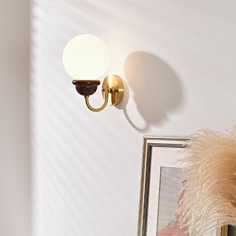 Contemporary Retro Curved Pole Orb Full Brass Wood Frame Glass Shade 1-Light Wall Sconce Lamp For Living Room