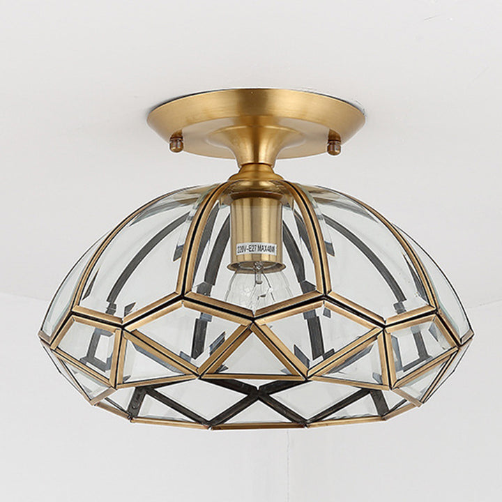 Moderne Luxus-Deckenleuchte in runder Kuppelform mit Diamant-Form, Messingrahmen und Glasschirm, 1-flammig, halbbündige Montage, für Wohnzimmer 
