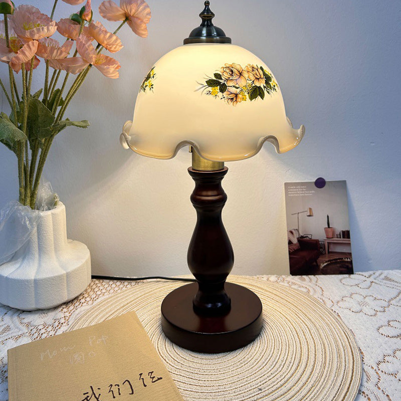 Lampe de table 1 lumière avec abat-jour en verre, base en métal et bois massif rustique traditionnel pour chambre à coucher 