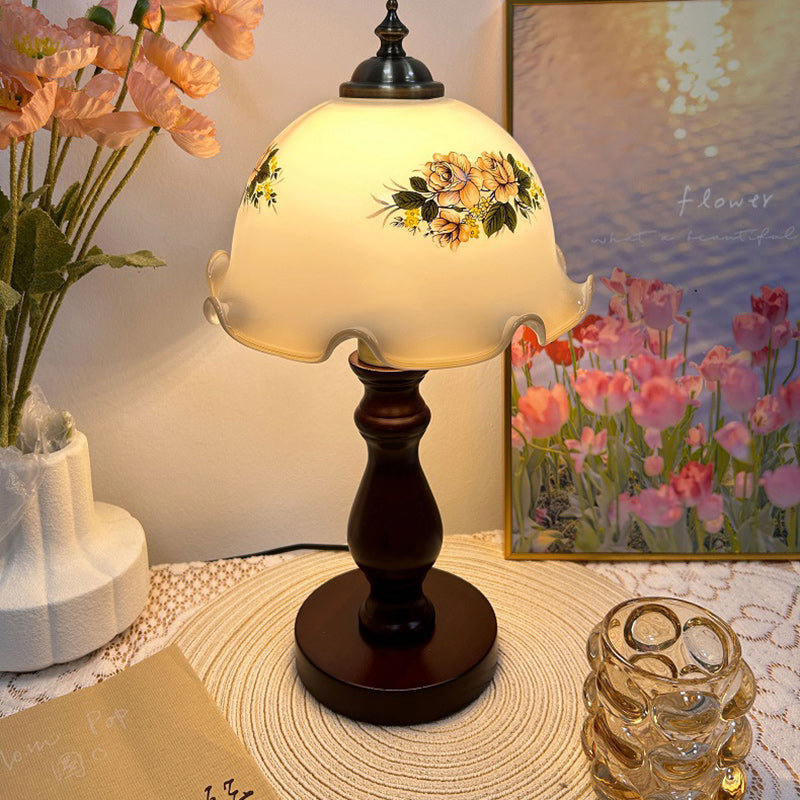 Lampe de table 1 lumière avec abat-jour en verre, base en métal et bois massif rustique traditionnel pour chambre à coucher 