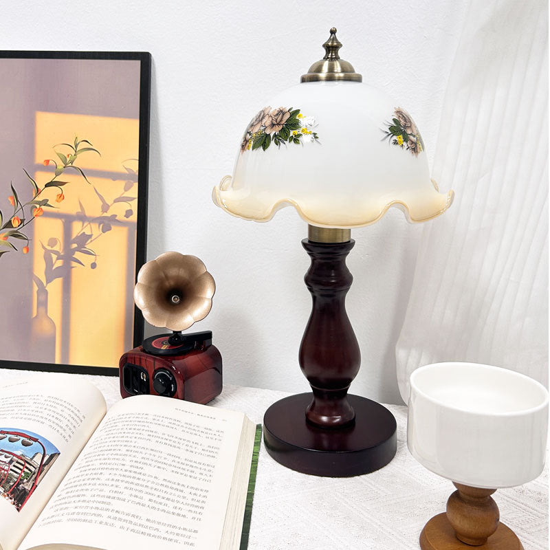 Lampe de table 1 lumière avec abat-jour en verre, base en métal et bois massif rustique traditionnel pour chambre à coucher 