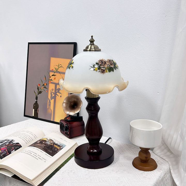 Lampe de table 1 lumière avec abat-jour en verre, base en métal et bois massif rustique traditionnel pour chambre à coucher 