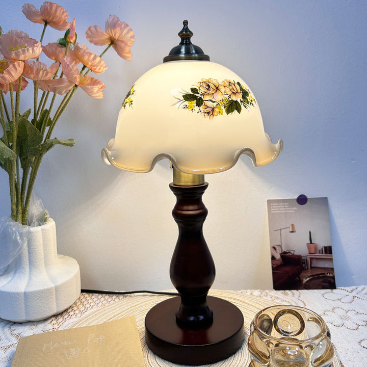 Lampe de table 1 lumière avec abat-jour en verre, base en métal et bois massif rustique traditionnel pour chambre à coucher 