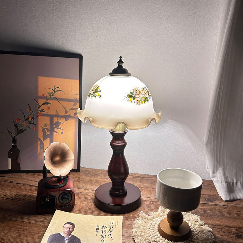 Lampe de table 1 lumière avec abat-jour en verre, base en métal et bois massif rustique traditionnel pour chambre à coucher 