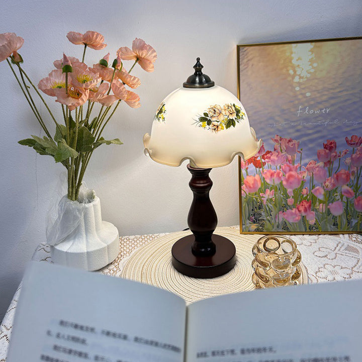 Lampe de table 1 lumière avec abat-jour en verre, base en métal et bois massif rustique traditionnel pour chambre à coucher 