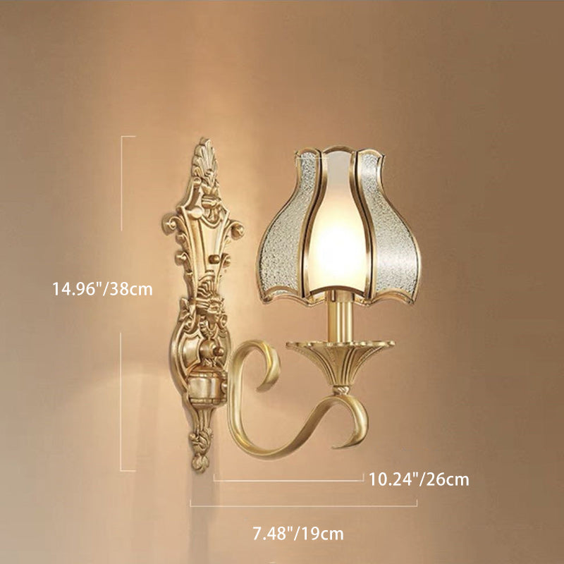Bougeoir en forme de fleur avec tige incurvée moderne de luxe, cadre en laiton massif, abat-jour en verre, applique murale 1/2 lumière pour salon 