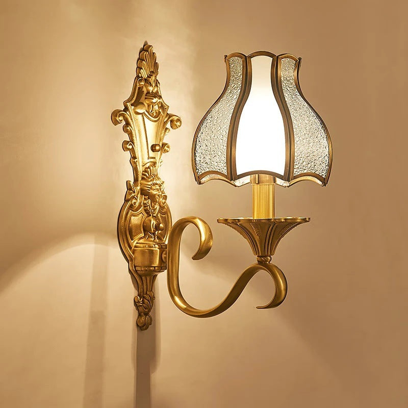 Modern Luxury Curved Rod Flower Shape Candle Holder Full Brass Frame Glass Shade 1/2 Light Wall Sconce Lamp For Living Room