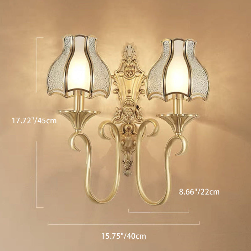 Bougeoir en forme de fleur avec tige incurvée moderne de luxe, cadre en laiton massif, abat-jour en verre, applique murale 1/2 lumière pour salon 