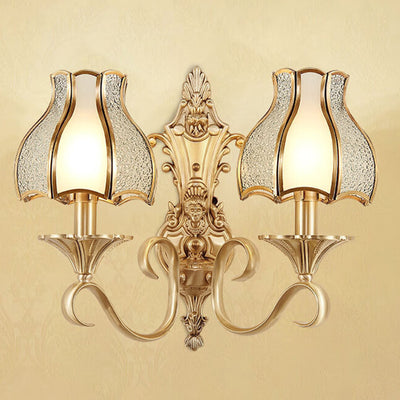 Bougeoir en forme de fleur avec tige incurvée moderne de luxe, cadre en laiton massif, abat-jour en verre, applique murale 1/2 lumière pour salon 
