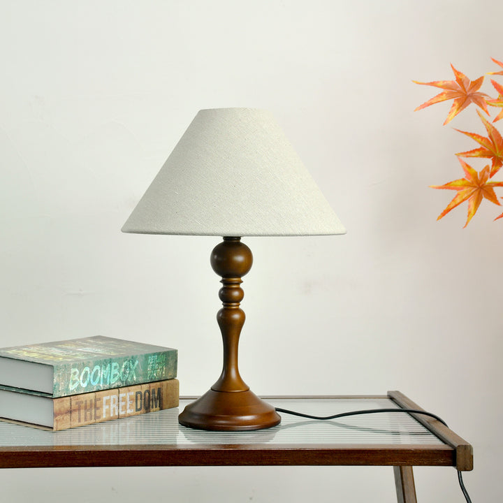 Lampe de table 1 lumière avec abat-jour en tissu et base en bois massif trapézoïdale ronde vintage traditionnelle pour chambre à coucher 