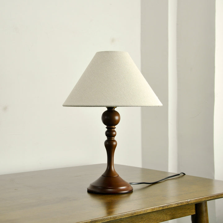Lampe de table 1 lumière avec abat-jour en tissu et base en bois massif trapézoïdale ronde vintage traditionnelle pour chambre à coucher 