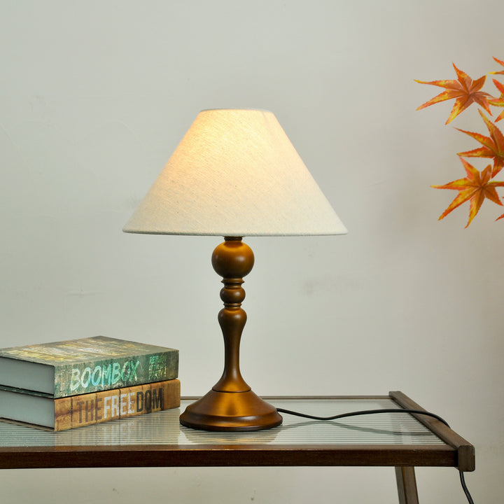 Lampe de table 1 lumière avec abat-jour en tissu et base en bois massif trapézoïdale ronde vintage traditionnelle pour chambre à coucher 