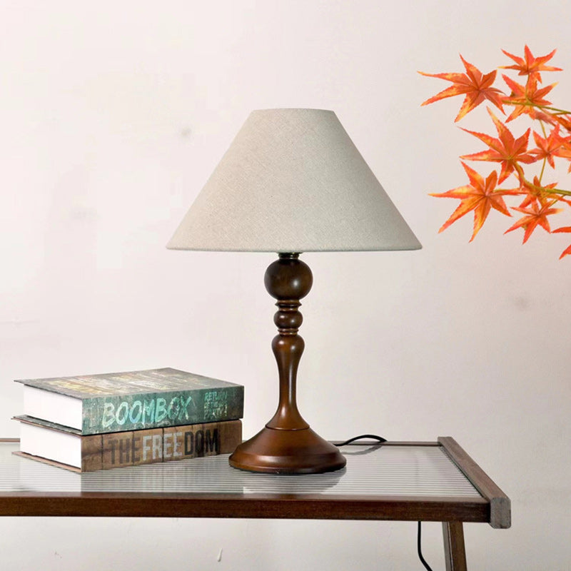 Lampe de table 1 lumière avec abat-jour en tissu et base en bois massif trapézoïdale ronde vintage traditionnelle pour chambre à coucher 