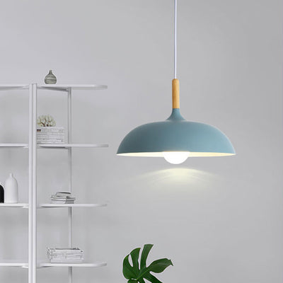 Modern Minimalist Round Pot Lid Shape Solid Wood Aluminum 1-Light Pendant Light For Living Room