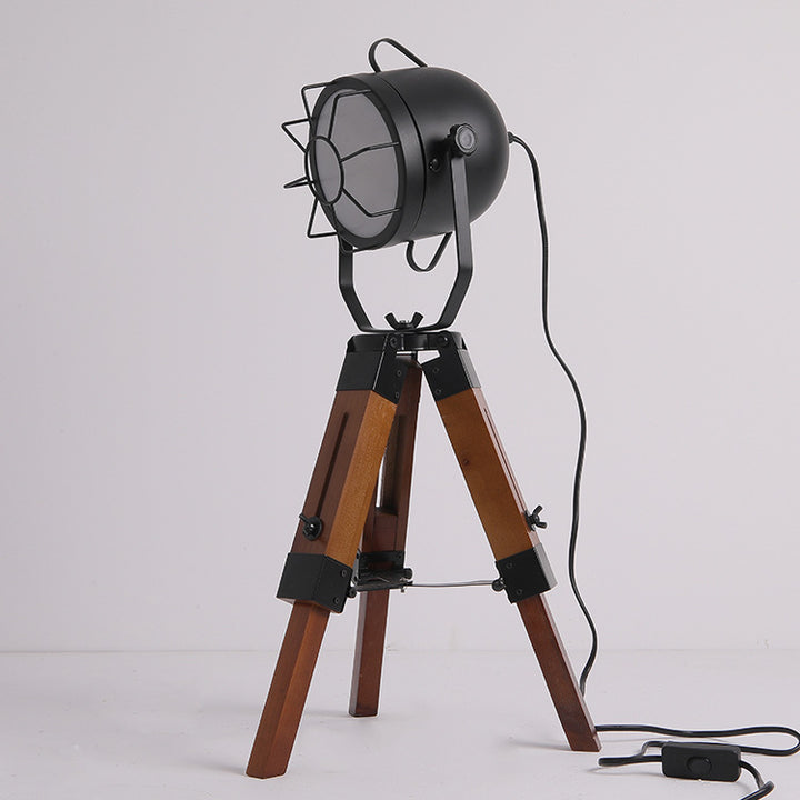 Lampe de table 1 lumière en bois et fer avec base de trépied vintage traditionnel pour chambre 