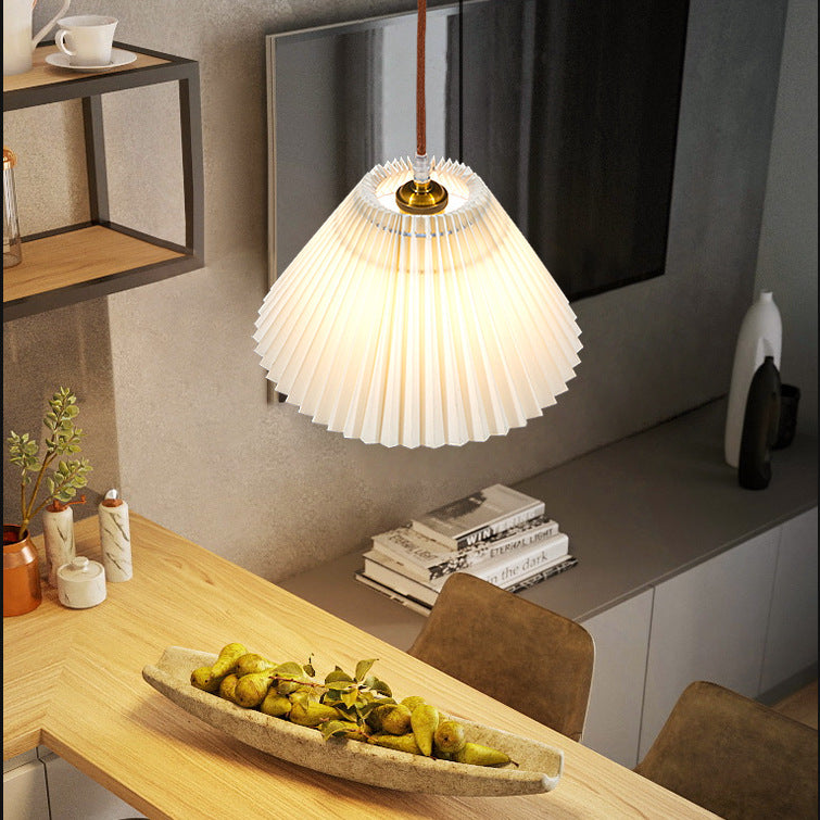 Modern Minimalist Round Pleated Fabric Solid Wood 1-Light Pendant Light For Living Room