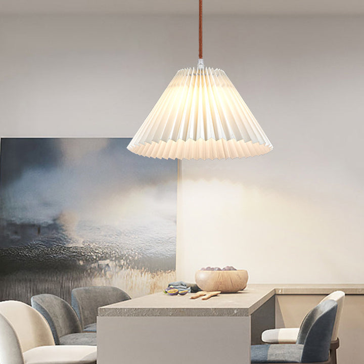 Modern Minimalist Round Pleated Fabric Solid Wood 1-Light Pendant Light For Living Room