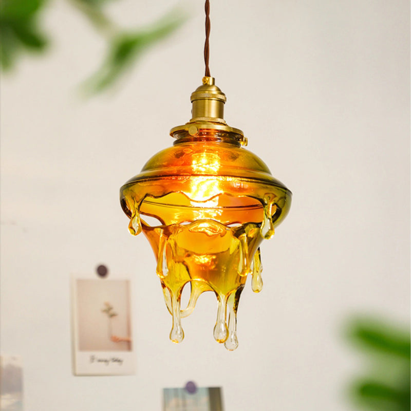 Modern Art Deco Round Melting Candle Water Drop Shape Copper Hardware Resin 1-Light Pendant Light For Living Room