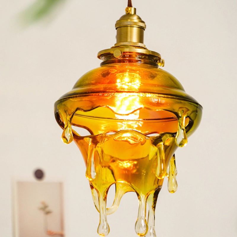 Modern Art Deco Round Melting Candle Water Drop Shape Copper Hardware Resin 1-Light Pendant Light For Living Room