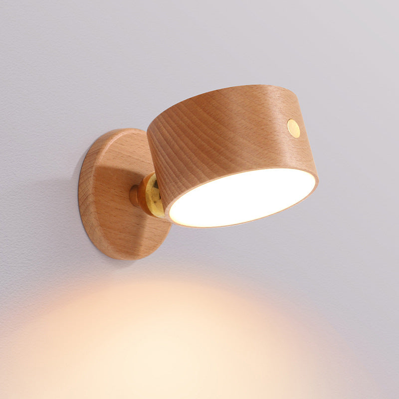 Modern Minimalist USB Rechargeable Round Metal Solid Wood Plastic LED Wall Sconce Lamp For Bedroom