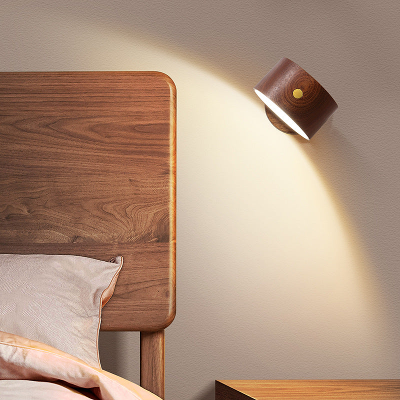 Applique murale LED minimaliste moderne rechargeable USB en métal rond, bois massif et plastique pour chambre 