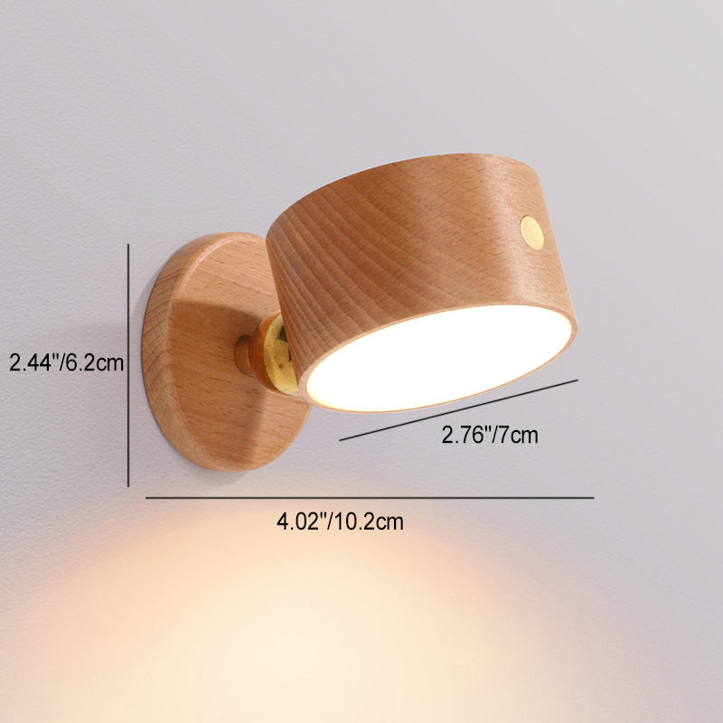 Applique murale LED minimaliste moderne rechargeable USB en métal rond, bois massif et plastique pour chambre 