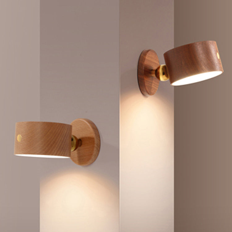 Modern Minimalist USB Rechargeable Round Metal Solid Wood Plastic LED Wall Sconce Lamp For Bedroom