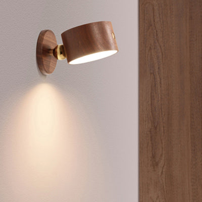 Applique murale LED minimaliste moderne rechargeable USB en métal rond, bois massif et plastique pour chambre 