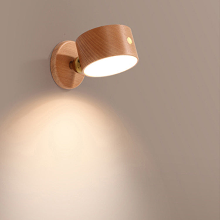 Applique murale LED minimaliste moderne rechargeable USB en métal rond, bois massif et plastique pour chambre 