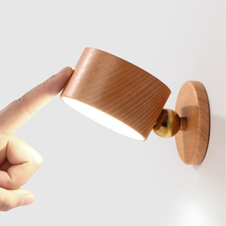 Applique murale LED minimaliste moderne rechargeable USB en métal rond, bois massif et plastique pour chambre 