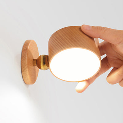 Applique murale LED minimaliste moderne rechargeable USB en métal rond, bois massif et plastique pour chambre 