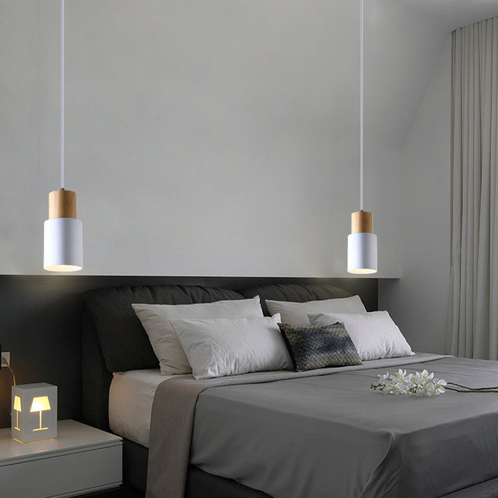 Modern Minimalist Round Cylinder Solid Wood Hardware 1-Light Pendant Light For Living Room