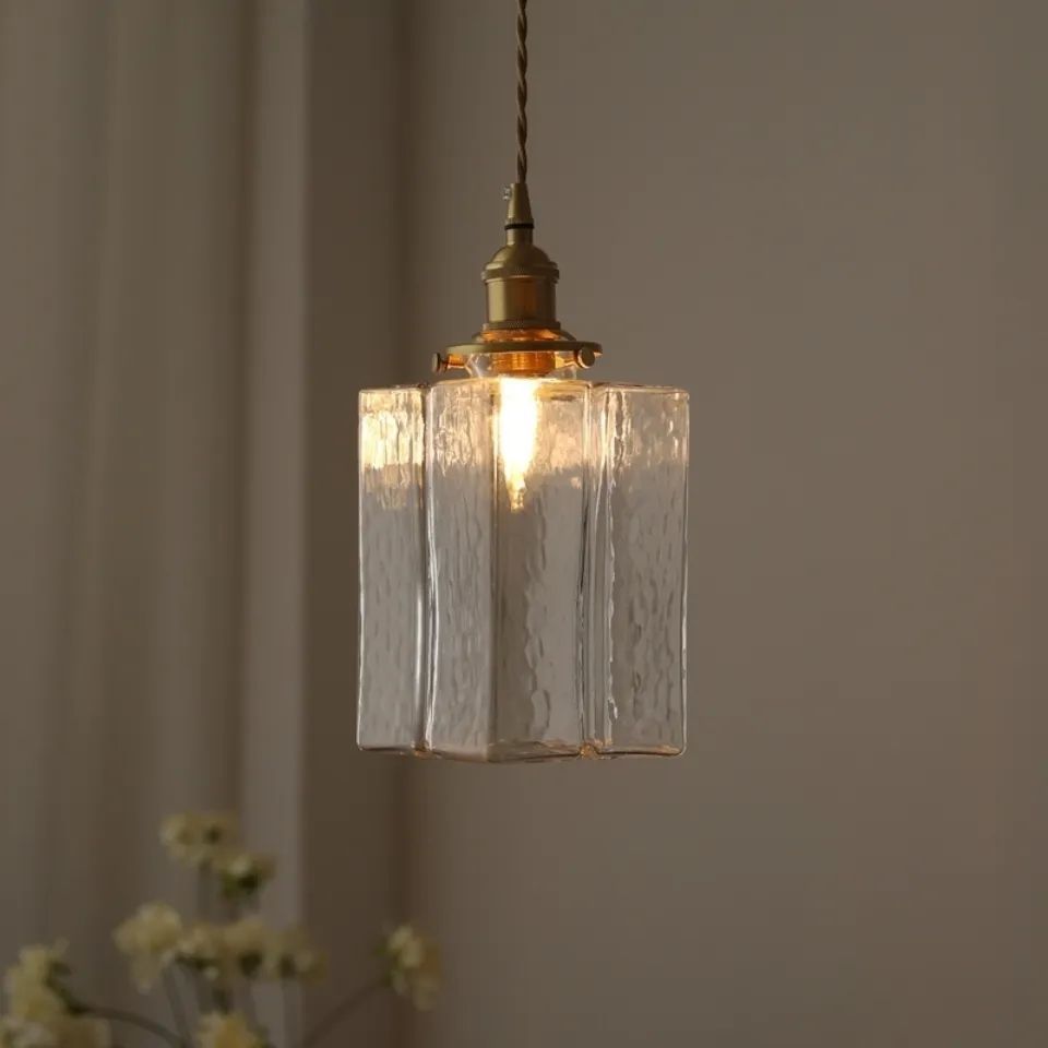Traditionelle Vintage rechteckige Messingglas 1-Licht Pendelleuchte für Wohnzimmer 