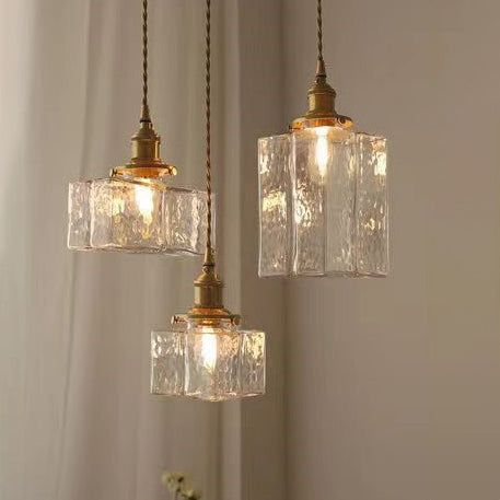 Traditionelle Vintage rechteckige Messingglas 1-Licht Pendelleuchte für Wohnzimmer 