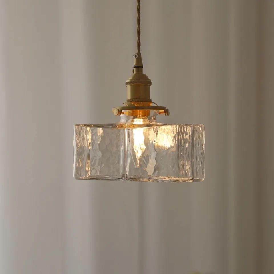 Traditionelle Vintage rechteckige Messingglas 1-Licht Pendelleuchte für Wohnzimmer 