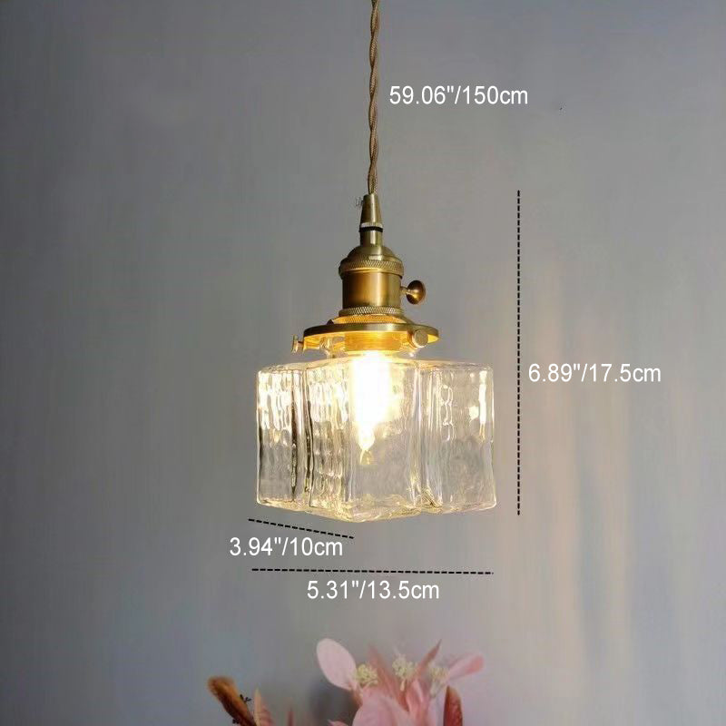 Traditionelle Vintage rechteckige Messingglas 1-Licht Pendelleuchte für Wohnzimmer 