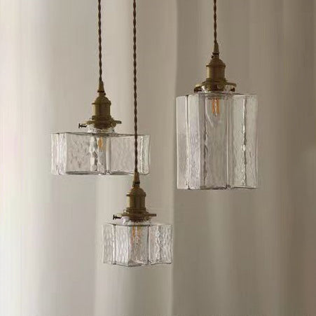 Traditionelle Vintage rechteckige Messingglas 1-Licht Pendelleuchte für Wohnzimmer 