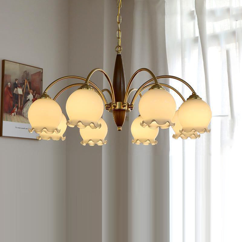 Traditional French Branch Curved Rod Floral Wood Iron Frame Acrylic Glass Shade 3/6/8/10-Light Chandelier For Living Room