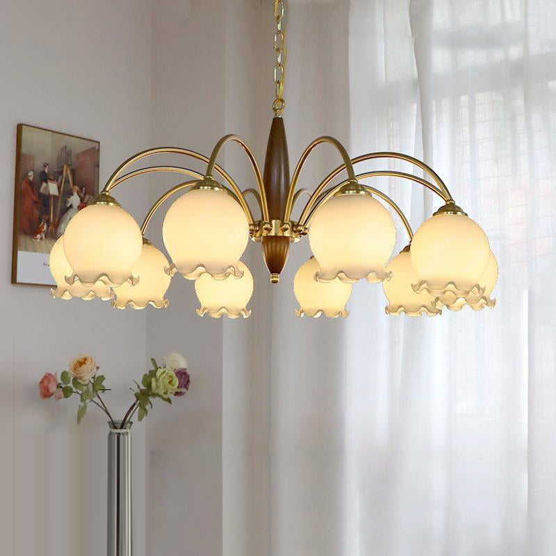 Traditional French Branch Curved Rod Floral Wood Iron Frame Acrylic Glass Shade 3/6/8/10-Light Chandelier For Living Room