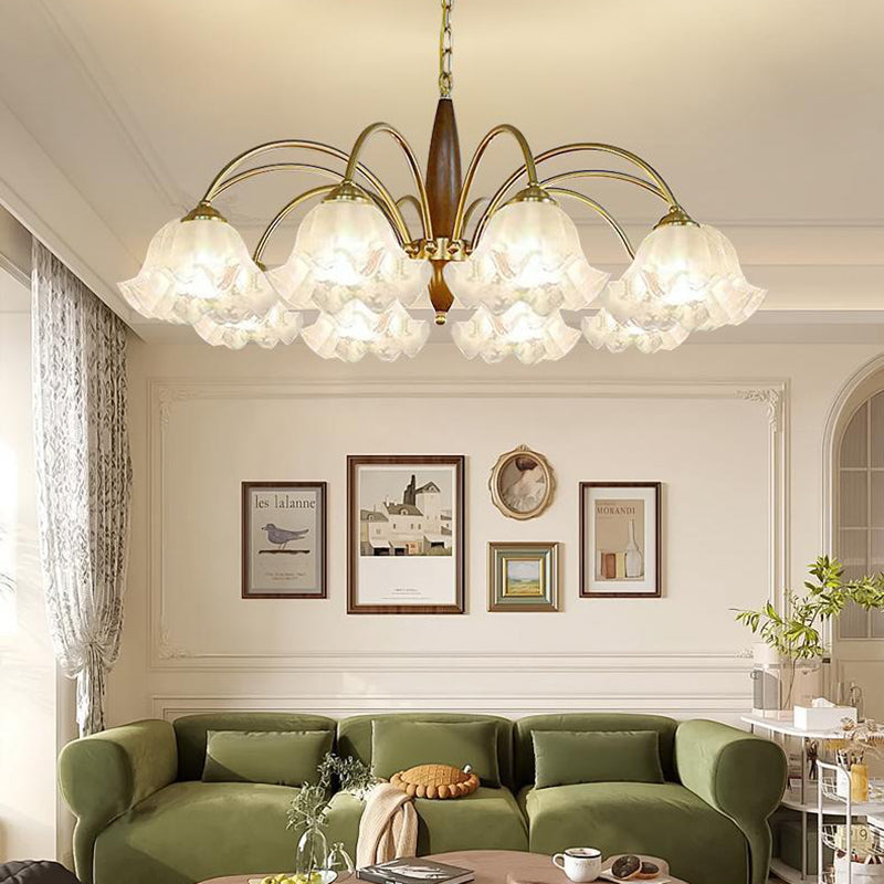 Traditional French Branch Curved Rod Floral Wood Iron Frame Acrylic Glass Shade 3/6/8/10-Light Chandelier For Living Room