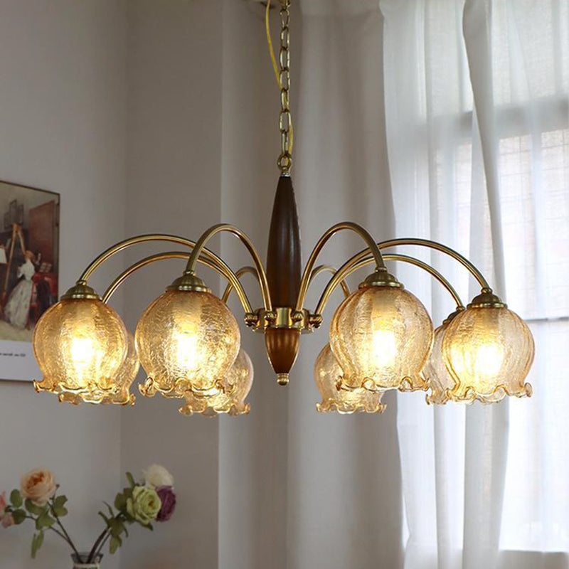 Traditional French Branch Curved Rod Floral Wood Iron Frame Acrylic Glass Shade 3/6/8/10-Light Chandelier For Living Room