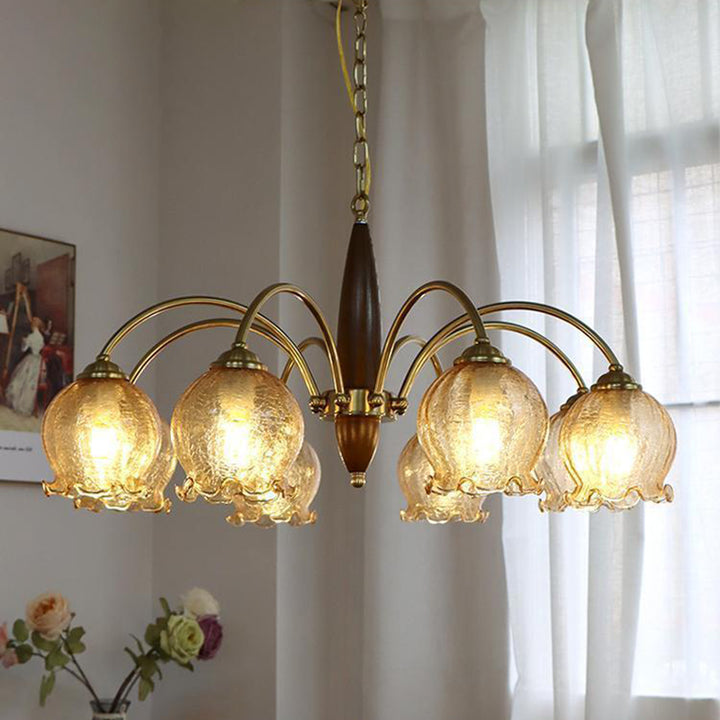Traditional French Branch Curved Rod Floral Wood Iron Frame Acrylic Glass Shade 3/6/8/10-Light Chandelier For Living Room