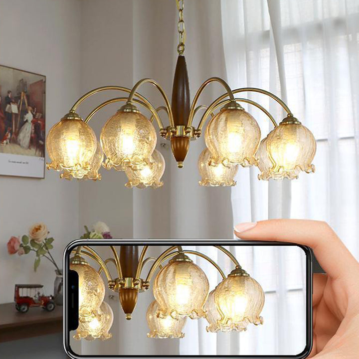 Traditional French Branch Curved Rod Floral Wood Iron Frame Acrylic Glass Shade 3/6/8/10-Light Chandelier For Living Room