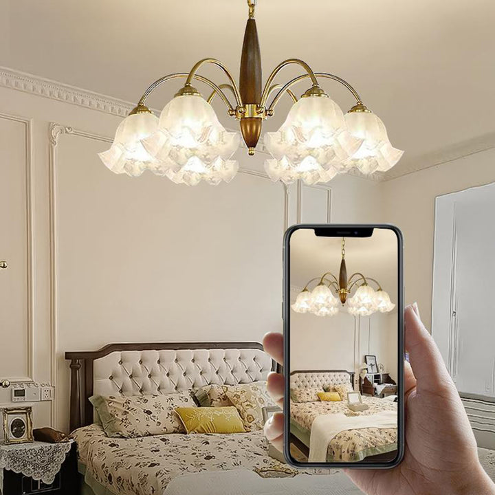 Traditional French Branch Curved Rod Floral Wood Iron Frame Acrylic Glass Shade 3/6/8/10-Light Chandelier For Living Room