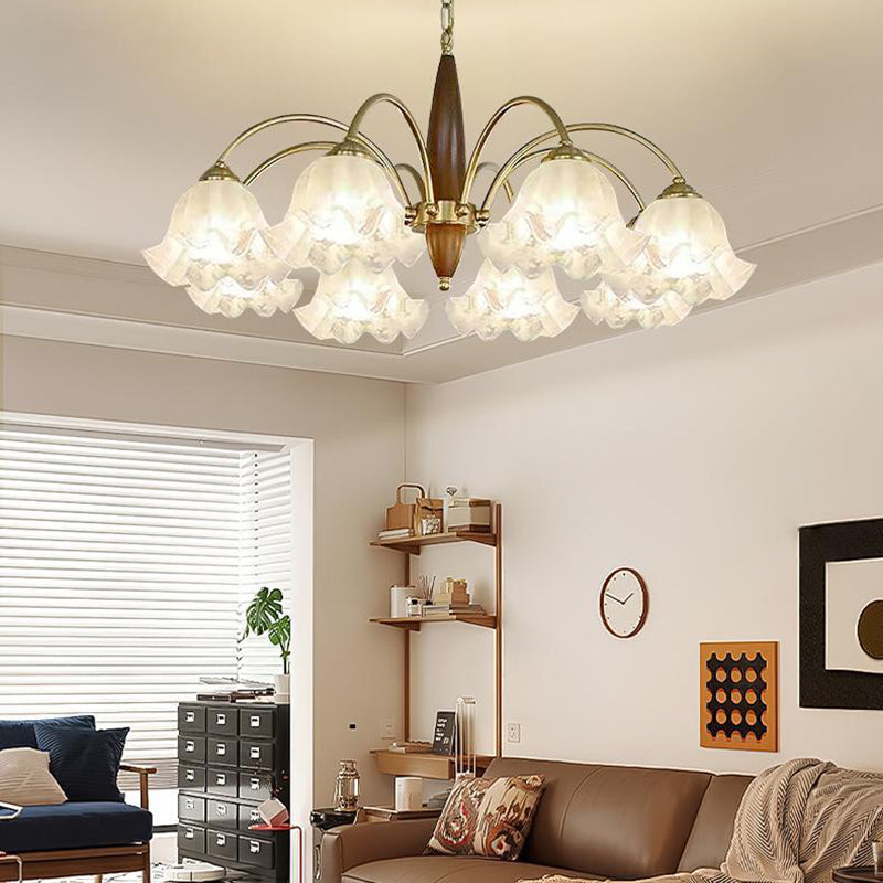 Traditional French Branch Curved Rod Floral Wood Iron Frame Acrylic Glass Shade 3/6/8/10-Light Chandelier For Living Room