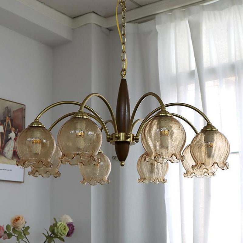 Traditional French Branch Curved Rod Floral Wood Iron Frame Acrylic Glass Shade 3/6/8/10-Light Chandelier For Living Room