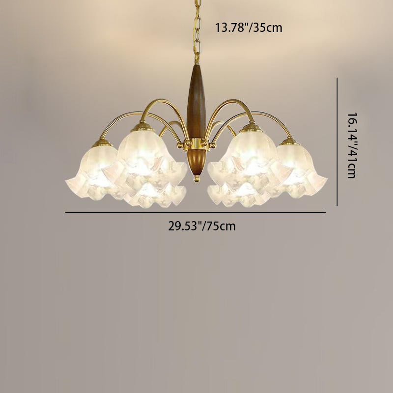 Traditional French Branch Curved Rod Floral Wood Iron Frame Acrylic Glass Shade 3/6/8/10-Light Chandelier For Living Room
