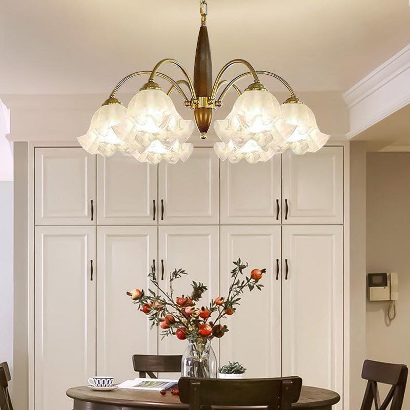 Traditional French Branch Curved Rod Floral Wood Iron Frame Acrylic Glass Shade 3/6/8/10-Light Chandelier For Living Room